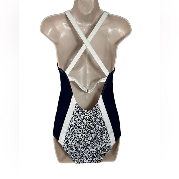 Athleta Navy Blue & White Leopard Print Zimbabwe One Piece Swimsuit Size 36 B/C - Picture 5 of 12